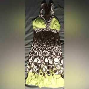 Like new. Brown & green rope & circle pattern empire A-line dress with tie.